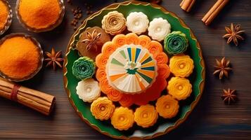 Colorful Indian Delicious Sweets on a Decorative Plate for Festive Occasions Independence Day Theme AI Generative photo