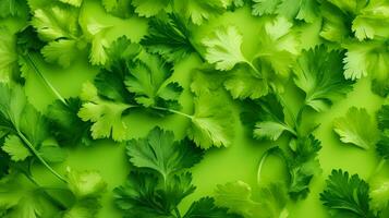 Fresco y sano verde cilantro hojas en un verde antecedentes para naturaleza y comida amantes proyecto ai generativo foto