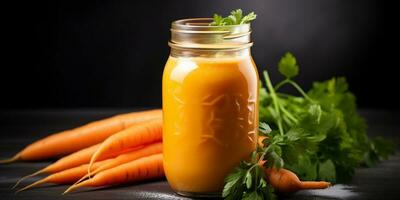 cerca arriba de Fresco Zanahoria jugo con verduras, aislado en negro fondo, ai generado foto