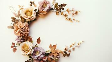 Top view of Blooming colorful wreath flowers and petals isolated on white table background, Floral frame composition, copy space, flat lay, AI Generative photo