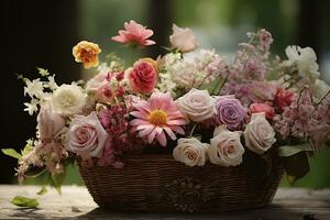 Beautiful basket of flower, copy space, Isolate Concept Valentine's Day, Mother's Day. Holiday gift, AI Generated photo