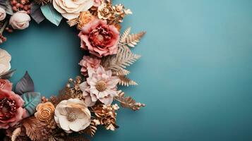 Top view of Blooming colorful wreath flowers and petals isolated on pastel table background, Floral frame composition, copy space, flat lay, AI Generative photo