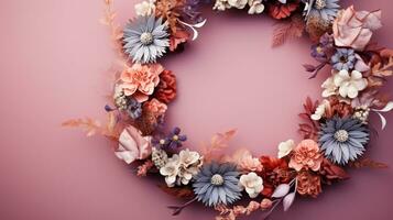 Top view of Blooming colorful wreath flowers and petals isolated on pastel table background, Floral frame composition, copy space, flat lay, AI Generative photo