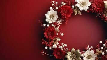 Top view of Blooming colorful wreath flowers and petals isolated on red table background, Floral frame composition, copy space, flat lay, AI Generative photo