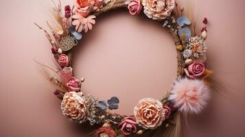 Top view of Blooming colorful wreath flowers and petals isolated on pastel table background, Floral frame composition, copy space, flat lay, AI Generative photo