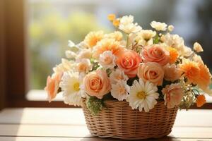 Beautiful basket of flower, copy space, Isolate Concept Valentine's Day, Mother's Day. Holiday gift, AI Generated photo