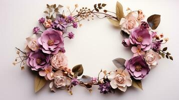 Top view of Blooming colorful wreath flowers and petals isolated on white table background, Floral frame composition, copy space, flat lay, AI Generative photo