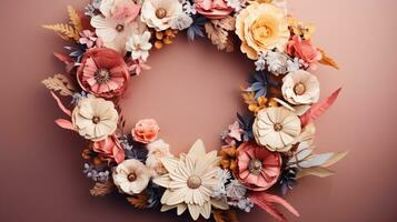 Top view of Blooming colorful wreath flowers and petals isolated on pastel table background, Floral frame composition, copy space, flat lay, AI Generative photo