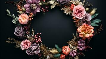 Top view of Blooming colorful wreath flowers and petals isolated on table black background, Floral frame composition, copy space, flat lay, AI Generative photo
