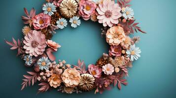 Top view of Blooming colorful wreath flowers and petals isolated on pastel table background, Floral frame composition, copy space, flat lay, AI Generative photo