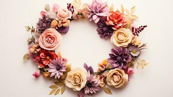 Top view of Blooming colorful wreath flowers and petals isolated on white table background, Floral frame composition, copy space, flat lay, AI Generative photo