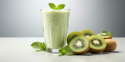 cerca arriba de Fresco kiwi jugo con frutas en mesa, aislado en blanco fondo, ai generado foto