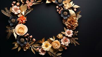 Top view of Blooming colorful wreath flowers and petals isolated on table black background, Floral frame composition, copy space, flat lay, AI Generative photo