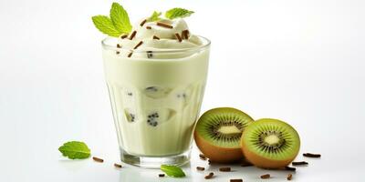 close up of Fresh Kiwi Juice with fruits on table, isolated on white background, AI Generated photo