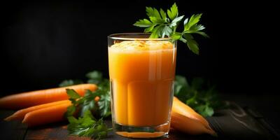 cerca arriba de Fresco Zanahoria jugo con verduras, aislado en negro fondo, ai generado foto