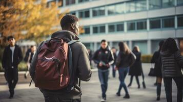 Immigrant African American refugee man with a backpack on his back stands with his back. Looks at the university building. A young student came to study in a European city. Adaptation of refugees photo