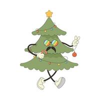 groovy xmas tree hippie, character pacing. New Years vector