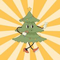 groovy xmas tree hippie, character pacing. New Years vector