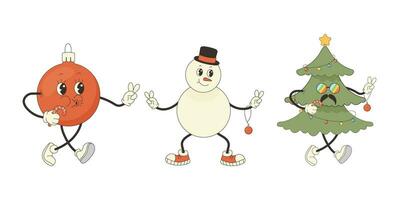 Artboard groovy characters set snowman, balloon, hippie Christmas tree. Retro style vector