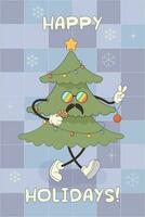 Groovy greeting card character happy new year, merry Christmas vector