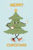 Groovy greeting card character happy new year, merry Christmas vector