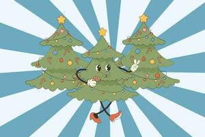 groovy xmas tree hippie, character pacing. New Years vector