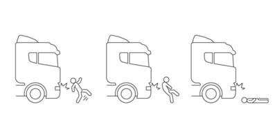 Car truck crash with people pedestrian, accident of transport, line art icon set. Collision with an obstacle person. Knock down pedestrian. Vector outline illustration