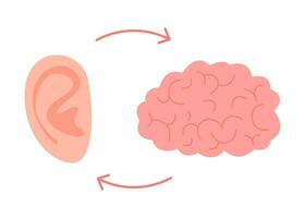 Connection of brain and ear hear organ. Unity relation of mental health and hearing. Vector illustration