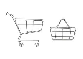 Shopping cart with wheels and handles continuous one art line drawing. Online shopping in store. Trolley shopping cart business concept. Single line hand drawn style. Vector outline illustration