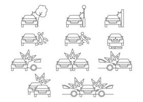 Car crash, accident of transport, line art icon set. Collision with an obstacle tree, lantern, wall, person. Knock down pedestrian. Frontal and back collision. Vector outline illustration