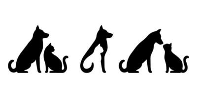 Dog and cat black profile silhouette set. Pets sit together, side view isolated on white background. Design for veterinary clinic, shop, animal business. Vector illustration