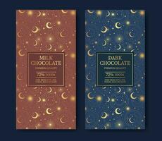 dorado chocolate paquete diseño etiqueta colocar. moderno tipografía y mano dibujado celestial elementos vector