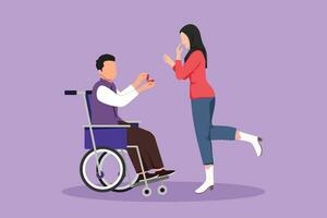 Cartoon flat style drawing disabled person character. Arab man made proposal to beautiful girl, wedding. Happy family. Positive man with special needs in wheelchair. Graphic design vector illustration