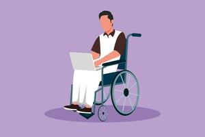 Cartoon flat style drawing disabled Arab man working on laptop. Wheelchair, idea, computer. Freelance, disability. Online job, startup. Physical disability society. Graphic design vector illustration