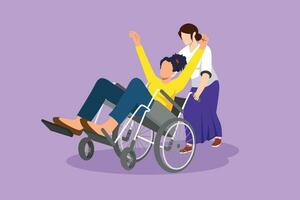 Character flat drawing young female volunteer helps disabled beautiful old woman, riding on wheelchair in park. Family care, volunteerism, disability care concept. Cartoon design vector illustration