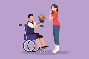 Graphic flat design drawing of beautiful woman and disabled man in wheelchair. Male give bouquet of flower to female. Family moral support. Disability rehabilitation. Cartoon style vector illustration