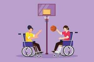 Graphic flat design drawing joyful disabled pretty woman in wheelchair playing basketball together at basketball court. Concept of adaptive sport for disabled people. Cartoon style vector illustration