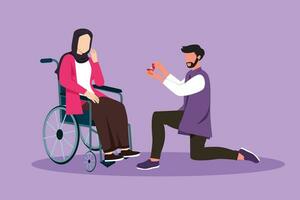 Cartoon flat style drawing Arab man stand on knee with engagement ring in hands in front of disabled woman sitting on wheelchair, loving relations, person marriage. Graphic design vector illustration