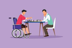 Cartoon flat style drawing disabled man in wheelchair plays chess with friend. People on social adaptation, hobby, tolerance, inclusive, accessibility and diversity. Graphic design vector illustration