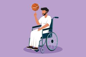 Graphic flat design drawing Arabian man in wheelchair play at basketball court. Disabled person spins basketball on his finger. Exercise for people with disabilities. Cartoon style vector illustration