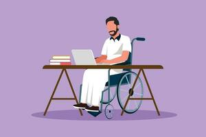 Cartoon flat style drawing of young Arabian man uses wheelchair and working with computer in office. Online job and startup. Physical disability employee at office. Graphic design vector illustration