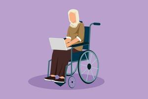 Cartoon flat style drawing disabled Arab woman working on laptop. Wheelchair, idea, computer. Freelance, disability. Online job startup. Physical disability society. Graphic design vector illustration