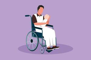 personaje plano dibujo de padres con recién nacido bebé. contento árabe masculino sostener bebé, sentado en silla de ruedas. discapacitado hombre participación bebé en su brazos. familia amor concepto. dibujos animados diseño vector ilustración