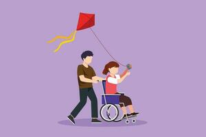 Cartoon flat style drawing of happy disabled child playing kite together. Adorable boy pushing little girl in wheel chair with flying kite. Disabled has fun outside. Graphic design vector illustration