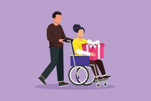 Character flat drawing male and disabled female in wheelchair. Man shopping and give gift box to woman. Caregiver, Family moral support. Disability rehabilitation. Cartoon design vector illustration