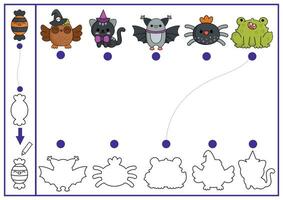 Halloween shape matching, coloring and drawing activity. Autumn holiday puzzle with cute kawaii owl, bat, cat, frog, spider. Find correct silhouette printable worksheet. All saints day page for kids vector