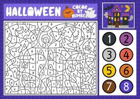 Vector Halloween color by number activity with cute kawaii haunted house. Autumn scary holiday scene. Black and white counting game with spooky cottage. Trick or treat coloring page for kids