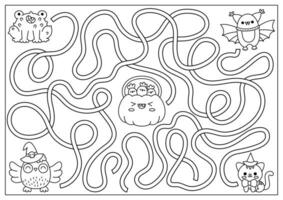 Halloween black and white maze for kids. Autumn holiday preschool line printable activity with cute kawaii animals and pumpkin with sweets. Scary labyrinth game. Trick or treat coloring page vector