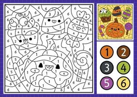 Vector Halloween color by number activity with cute kawaii sweets. Autumn scary holiday scene. Black and white counting game with candy, pumpkin. Trick or treat coloring page for kids