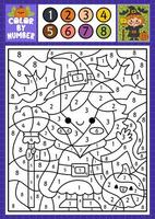 Vector Halloween color by number activity with cute kawaii witch and pumpkin. Autumn scary holiday scene. Black and white counting game with spooky cottage. Trick or treat coloring page for kids